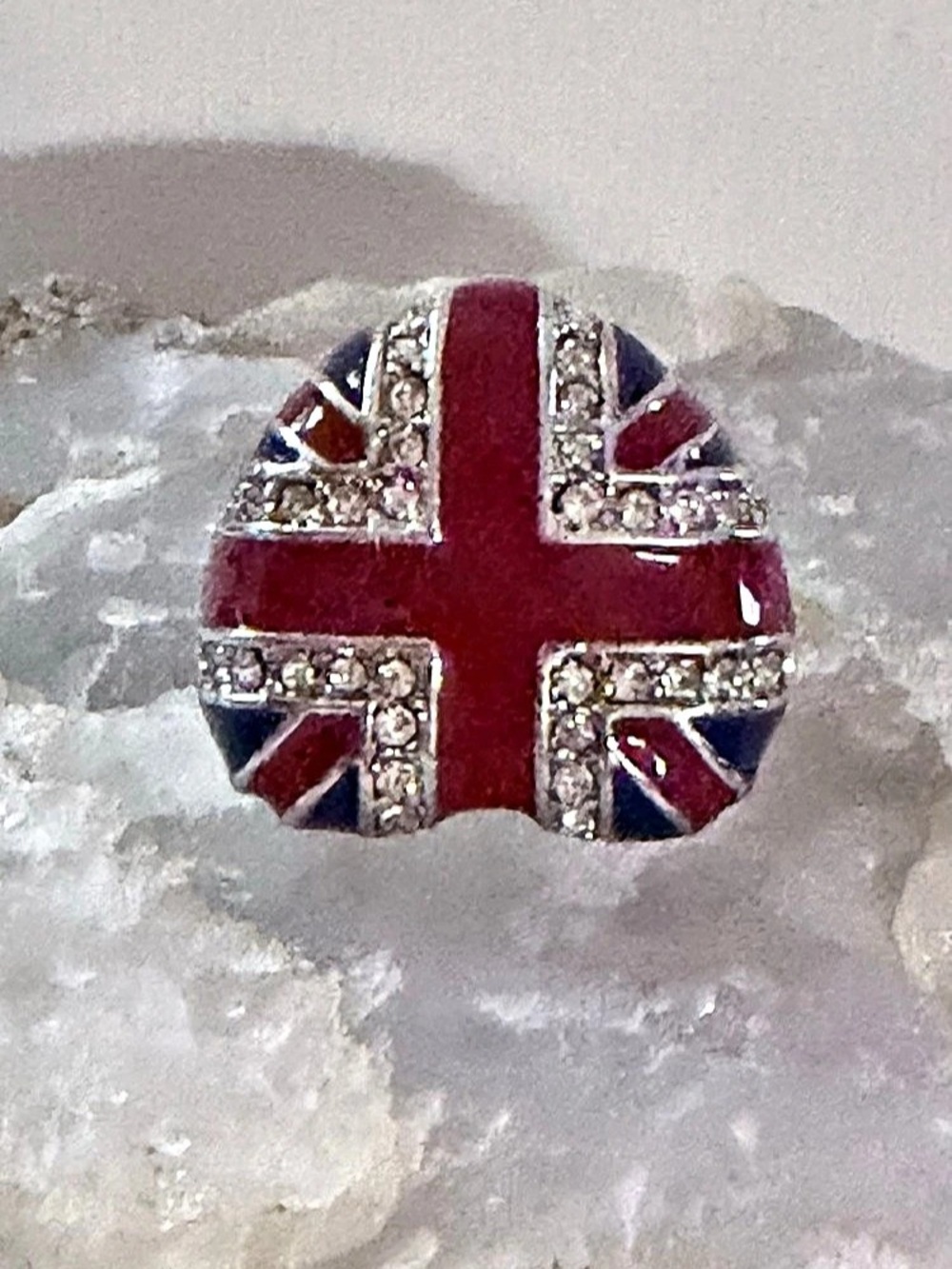 Vintage Union Jack Heart Statement Ring – Silver Tone, Red & Blue Enamel, Rhines